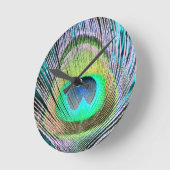 Horloge Ronde Plume de paon sur Turquoise (Angle)