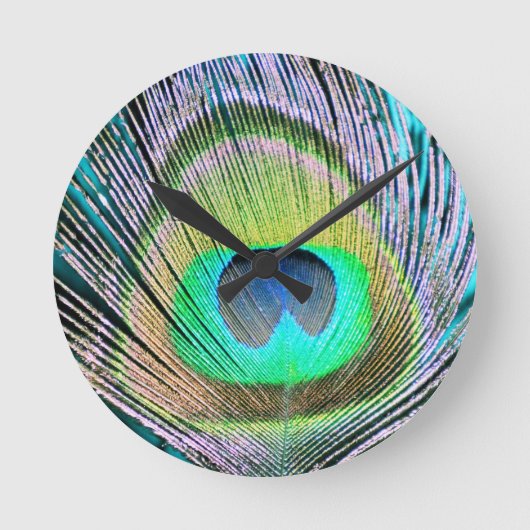 Horloge Ronde Plume de paon sur Turquoise (Recto)