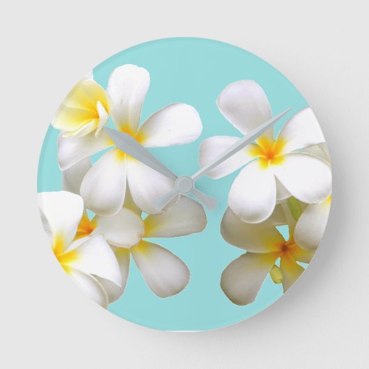 Horloge Ronde Plumeria blanche hawaïenne bleu fleur (Recto)