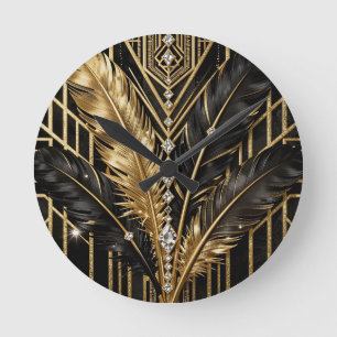 Horloge Ronde Plumes Art Déco noir or