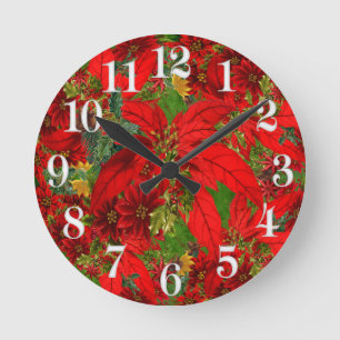 Horloge Ronde Poinsettia rouge de vacances avec les nombres