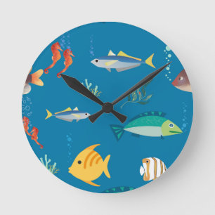 Horloge Ronde Poisson Moderne et Hippocampe à Motif Illustré Ble