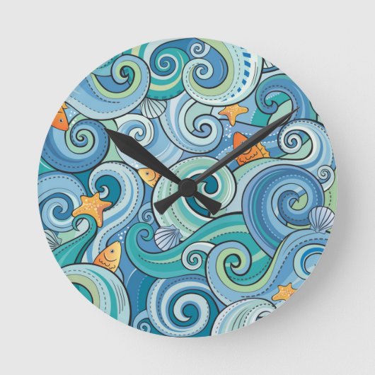Horloge Ronde Poisson Parmi Le Motif Des Vagues (Recto)