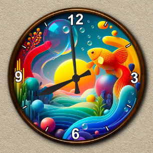 Horloge Ronde Poisson rouge et soleil rayonnant personnalisables