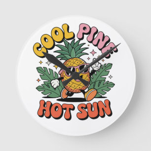 Horloge Ronde Pomme de pin cool soleil chaud vibes rétro ananas