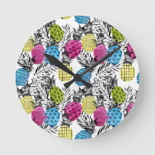 Horloge Ronde Pop Art Ananas Et Palm Feuilles