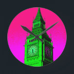 Horloge Ronde Pop Art Big Ben Londres Voyage rose Vert<br><div class="desc">Photographie de Londres - Chambres du Parlement de Londres & Big Ben Art Photo</div>