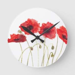 Horloge Ronde Poppies red flowers Poppy watercolor floral rustic