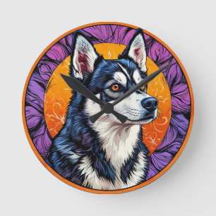 Horloge Ronde Portrait de chien avec fond inspiré de la mosaïque