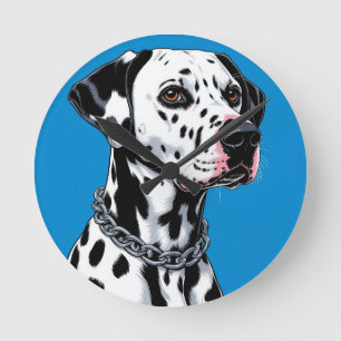 Horloge Ronde Portrait de Dalmatien sur fond bleu