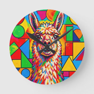 Horloge Ronde Portrait de lama vibrant dans le style Pop Art