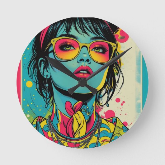 Horloge Ronde Portrait Neon Pop Diva - Art rétro gras et dynamiq (Recto)