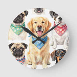 Horloge Ronde Portraits de chiots mignons en bandana en collage