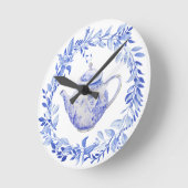 Horloge Ronde Pot de thé bleu et blanc avec couronne (Angle)
