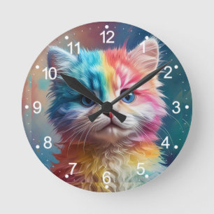 Horloge Ronde Potrait de chaton couleur arc-en-ciel