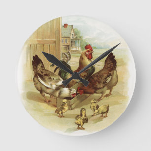 Horloge Ronde Poulets vintages de ferme d'art