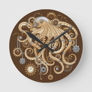 Horloge Ronde Poulpe Steampunk Rétro Fantastique Mécanique