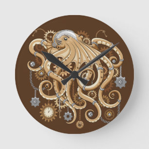 Horloge Ronde Poulpe Steampunk Rétro Fantastique Mécanique