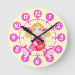 Horloge Ronde Poupée de chiffon mignonne enfant art coeur rose j