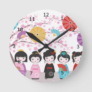 Horloge Ronde Poupées japonaises Kokeshi