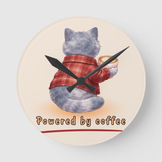 Horloge Ronde "Powered by Coffee" Cat Holding A Cup of Coffee (Recto)