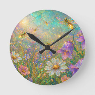 Horloge Ronde Prairie de fleurs sauvages avec libellules lumineu