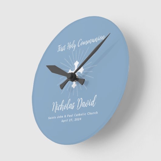 Horloge Ronde Première communion en bleu foncé avec croix (Angle)