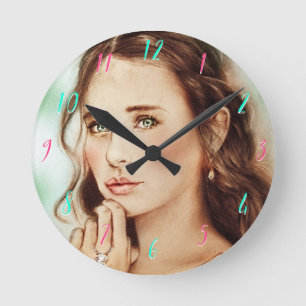 Horloge Ronde Pretty Elegant Lady Round Clock Vintage Art