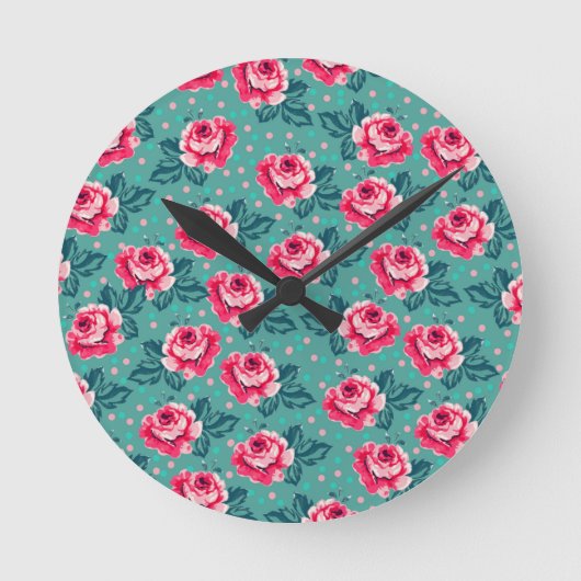 Horloge Ronde Pretty Pink Roses and Polka Dot Pattern on Teal (Recto)