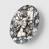 Horloge Ronde Princesse polynésienne Bleu Floral Tribal (Angle)