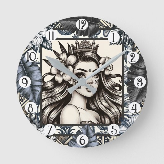 Horloge Ronde Princesse polynésienne Bleu Floral Tribal (Recto)