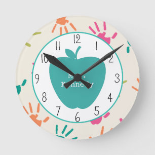 Horloge Ronde Professeur coloré d'Apple Handprints de turquoise