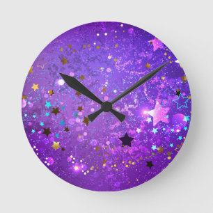 Horloge Ronde Purple foil background with stars