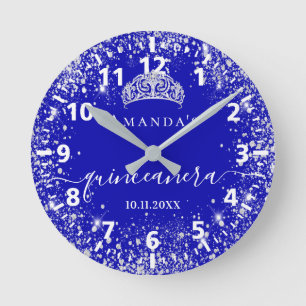 Horloge Ronde Quinceanera royal bleu argent parties scintillant 