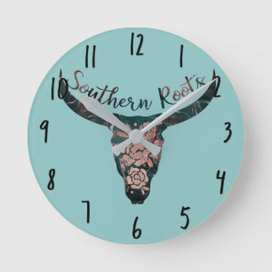 Horloge Ronde Racines du Sud Country Longhorn Rose et Vert