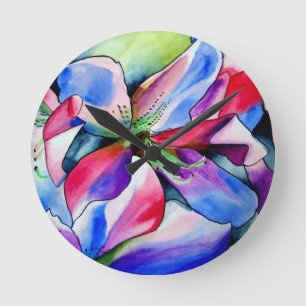 Horloge Ronde Rainbow Azalea fleur aquarelle originale