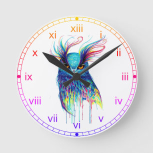 Horloge Ronde Rainbow watercolor Owl with a pink&yellow