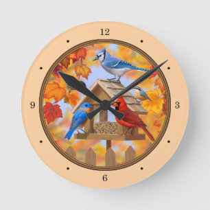 Horloge Ronde Rassemblement d'oiseaux Orange d'automne