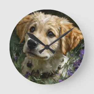 Horloge Ronde Regard de la Fleur Sauvage Golden Puppy