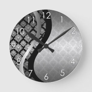 Horloge Ronde Remous argenté de noir de damassé de satin