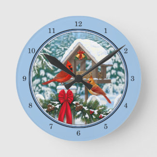 Horloge Ronde Repas de Noël des cardinaux bleu