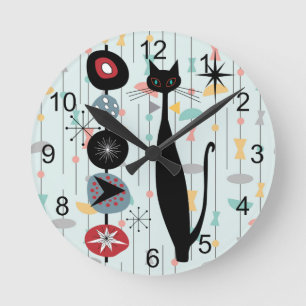 Horloge Ronde Retro Atomique Moyen Siècle Moderne MCM Cool Chat 