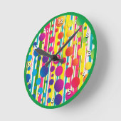 Horloge Ronde [Rétro Bulles] Vert rayé à pois rétro (Angle)