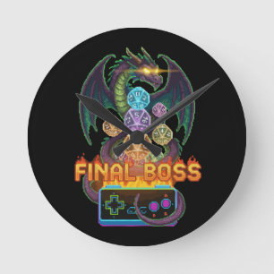 Horloge Ronde Retro Dragon du Boss Final & Dice   Gamer TTRPG Pi