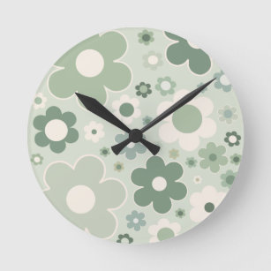 Horloge Ronde Retro Flowers Sage Green Abstract Floral