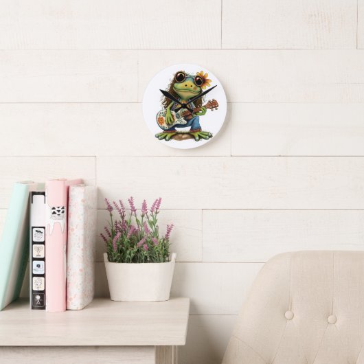 Horloge Ronde Retro Funny Hippie Frog Porter du verre Jouer Pian (Salle de lecture)