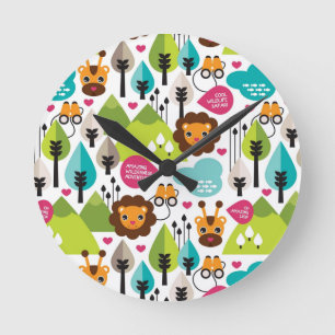 Horloge Ronde retro kids safari lion faune