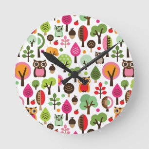 Horloge Ronde rétro motif de hibou d'arbre rose de feuille