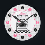 Horloge Ronde Rétro Stove Personalized Kitchen Clock<br><div class="desc">Un clock featuring à illustration of a retro white kitchen stove. Personalize with your name above illustration. Clock feobjets white numbers on pink and black dots.</div>