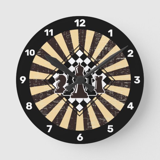 Horloge Ronde Retro Sunburst Grunge Brown & Beige Chess Board (Recto)